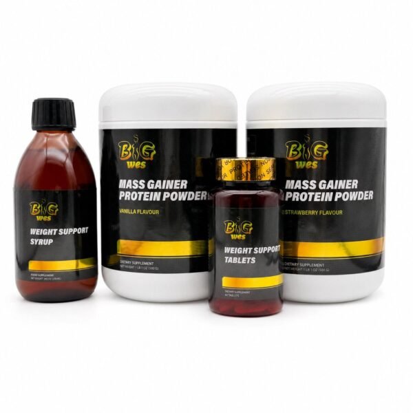 Big Wes bundle: two protein powder jars, Weight Support Syrup and Weight Support Tablets